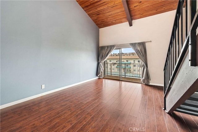 5460 White Oak Ave Unit E339, Encino, CA 91316 - unfurnished living room with wooden ceiling with exposed beams, stairway, baseboards, high vaulted ceiling, and wood finished floors