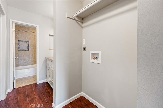 5460 White Oak Ave Unit E339, Encino, CA 91316 - washroom featuring electric dryer hookup, hookup for a washing machine, dark wood finished floors, and baseboards