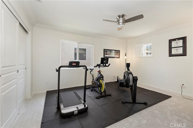 8581 Camino Limon Rd, Corona, CA 92883 - workout area featuring a ceiling fan, crown molding, and baseboards