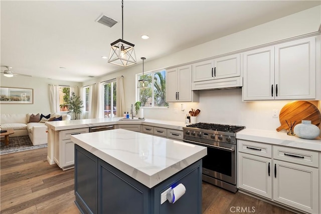 8581 Camino Limon Rd, Corona, CA 92883 - kitchen featuring stainless steel stove, a peninsula, plenty of natural light, open floor plan, and recessed lighting