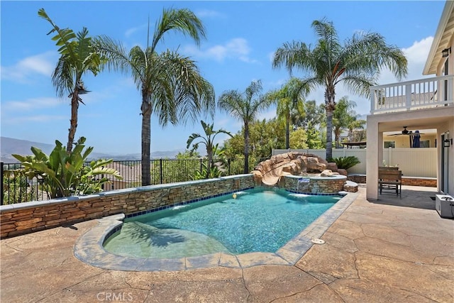 8581 Camino Limon Rd, Corona, CA 92883 - view of swimming pool with a fenced backyard, a ceiling fan, and a patio