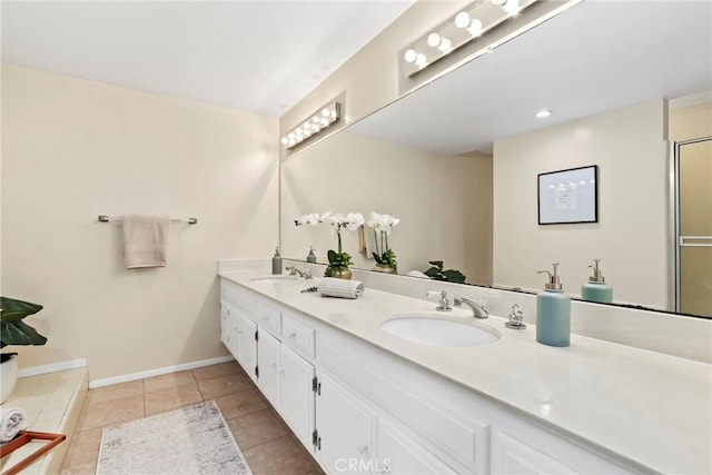 31 Aspen Way, Rolling Hills Estates, CA 90274 - full bath with double vanity, tile patterned floors, and a shower with shower door