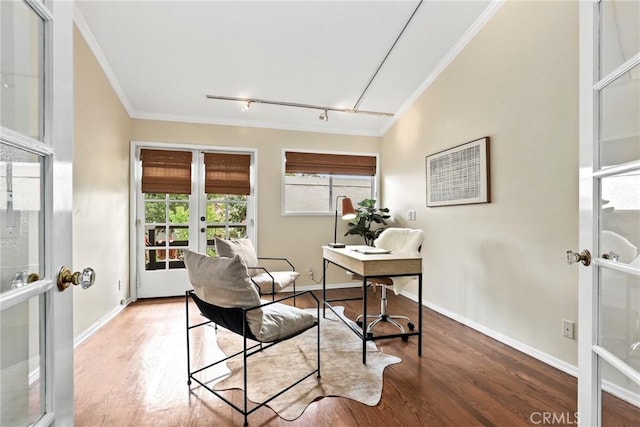 31 Aspen Way, Rolling Hills Estates, CA 90274 - office area featuring french doors, crown molding, wood finished floors, and track lighting