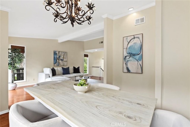 31 Aspen Way, Rolling Hills Estates, CA 90274 - dining area featuring dark wood-type flooring, a chandelier, beam ceiling, ornamental molding, and recessed lighting