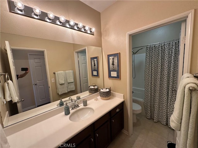 2408 Driftwood Dr, Rosamond, CA 93560 - bathroom with toilet, vanity, shower / tub combo, and tile patterned floors