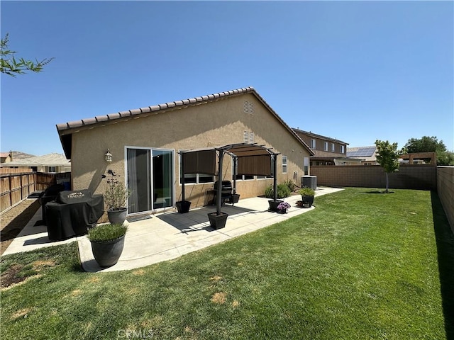 2408 Driftwood Dr, Rosamond, CA 93560 - rear view of house featuring stucco siding, a pergola, cooling unit, a patio area, and a tiled roof