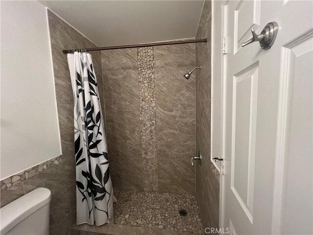 774 Josie St, Blythe, CA 92225 - full bath featuring a tile shower, toilet, tile walls, and wainscoting