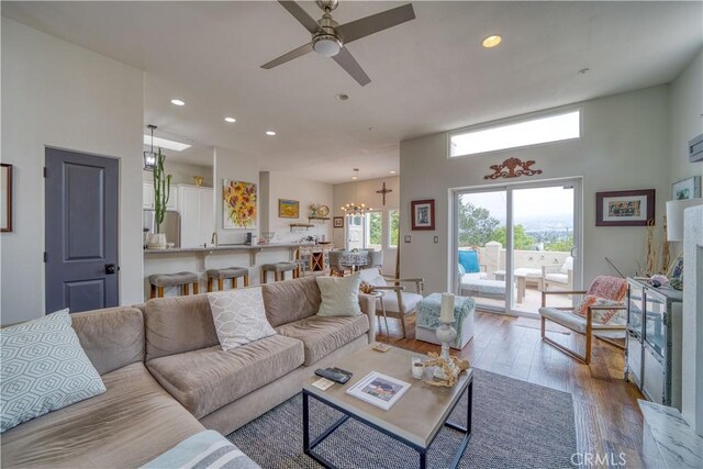516 Stoneridge Dr, San Luis Obispo, CA 93401 - living area featuring hardwood / wood-style floors, ceiling fan, recessed lighting, and a chandelier
