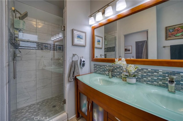 516 Stoneridge Dr, San Luis Obispo, CA 93401 - full bathroom featuring a shower stall, tasteful backsplash, and double vanity