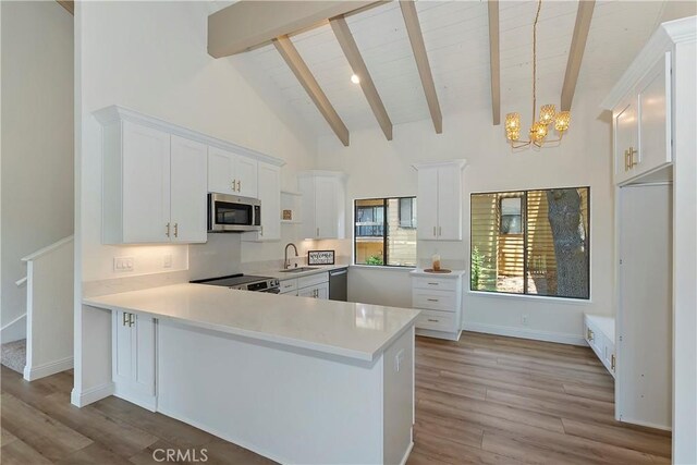 27657 Peninsula Dr Unit 131, Lake Arrowhead, CA 92352 - kitchen featuring appliances with stainless steel finishes, light countertops, light wood-style floors, and a chandelier