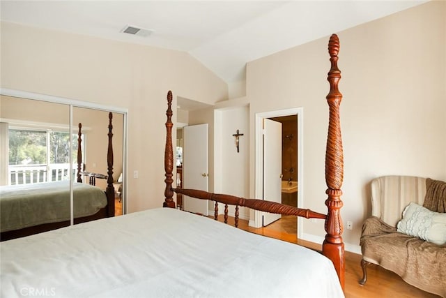2424 Norte Vista Dr, Chino Hills, CA 91709 - bedroom with wood finished floors, vaulted ceiling, access to exterior, and baseboards