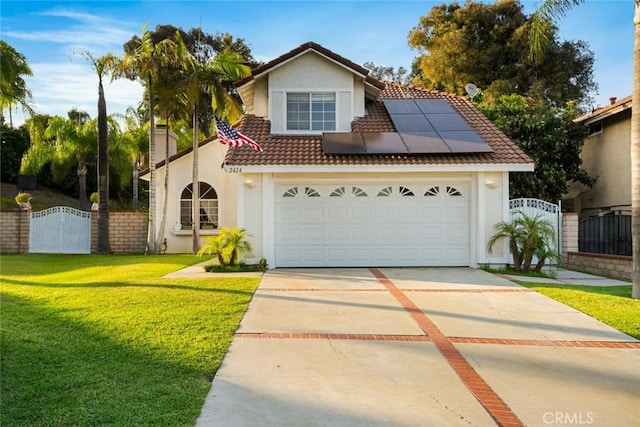2424 Norte Vista Dr, Chino Hills, CA 91709 - view of front of house featuring a gate, stucco siding, solar panels, a tiled roof, and concrete driveway