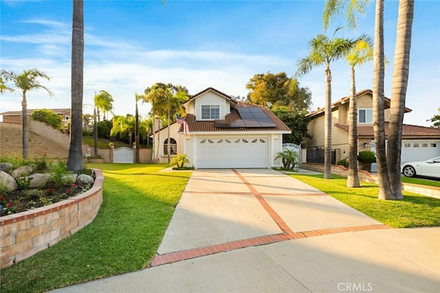 2424 Norte Vista Dr, Chino Hills, CA 91709 - traditional-style home with stucco siding, roof mounted solar panels, and a gate