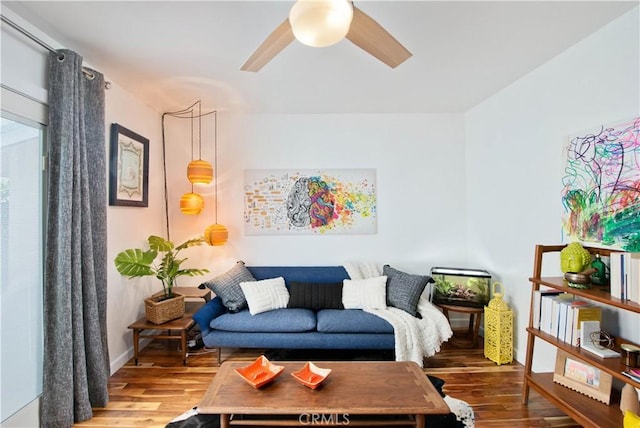 16827 Bircher St, Granada Hills, CA 91344 - living room featuring wood finished floors and ceiling fan