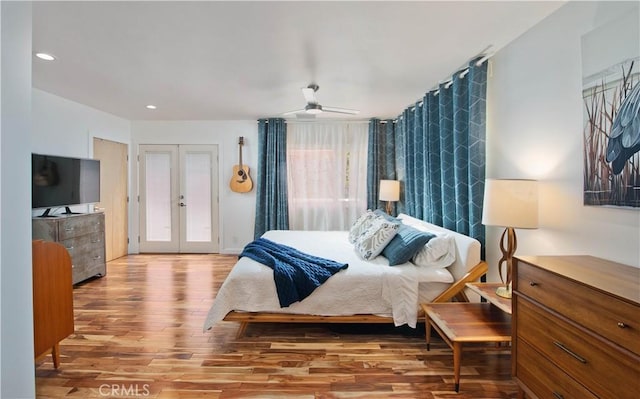 16827 Bircher St, Granada Hills, CA 91344 - bedroom featuring wood finished floors, french doors, recessed lighting, ceiling fan, and access to exterior