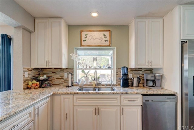 24920 Via Lopez Ct, Ramona, CA 92065 - kitchen with stainless steel appliances, a sink, decorative backsplash, and white cabinets