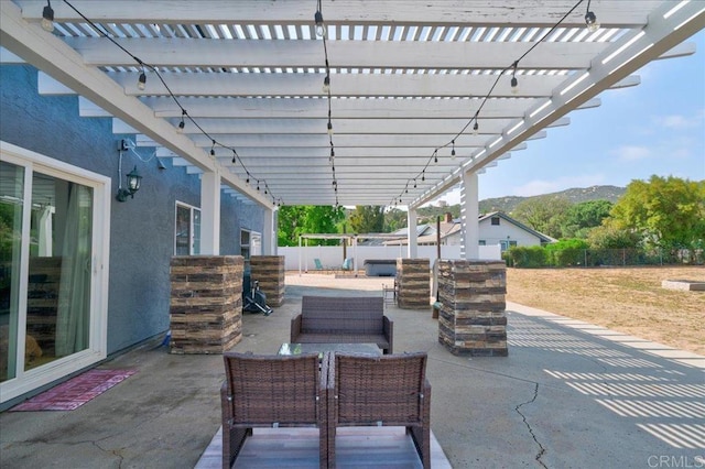 24920 Via Lopez Ct, Ramona, CA 92065 - view of patio with a pergola, a mountain view, and an outdoor hangout area