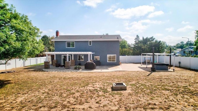 24920 Via Lopez Ct, Ramona, CA 92065 - back of house with a pergola, a patio, stucco siding, a fire pit, and a chimney