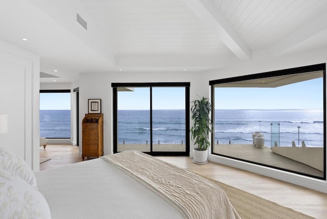 5067 Shore Dr, Carlsbad, CA 92008 - bedroom featuring wood finished floors, a water view, beamed ceiling, recessed lighting, and access to outside