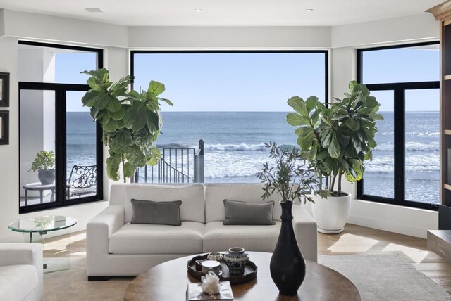 5067 Shore Dr, Carlsbad, CA 92008 - living area with a water view, plenty of natural light, and wood finished floors