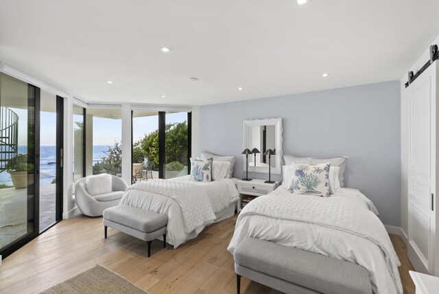 5067 Shore Dr, Carlsbad, CA 92008 - bedroom with a barn door, access to outside, light wood-style floors, a water view, and recessed lighting