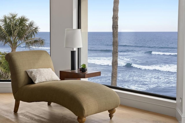 5067 Shore Dr, Carlsbad, CA 92008 - sitting room featuring view of water and beach and wood finished floors