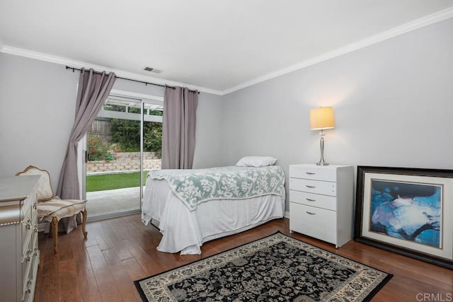 1093 Rancho Santa Fe Rd, Encinitas, CA 92024 - bedroom with ornamental molding, access to exterior, and wood finished floors