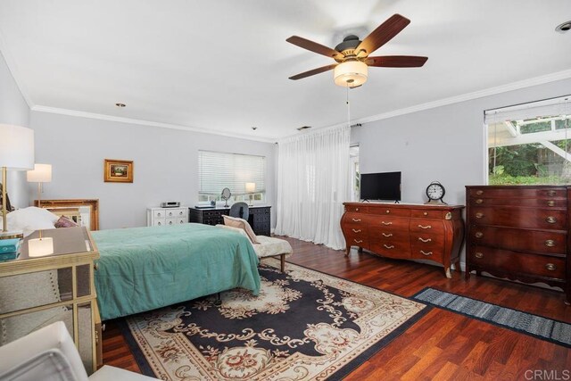1093 Rancho Santa Fe Rd, Encinitas, CA 92024 - bedroom with crown molding, multiple windows, wood finished floors, and a ceiling fan