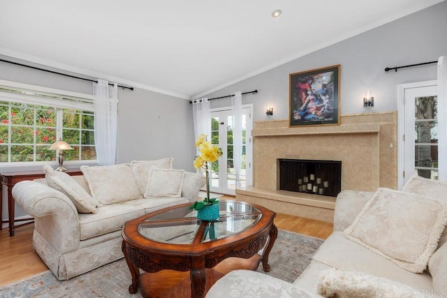 1093 Rancho Santa Fe Rd, Encinitas, CA 92024 - living room with wood finished floors, lofted ceiling, healthy amount of natural light, crown molding, and a high end fireplace
