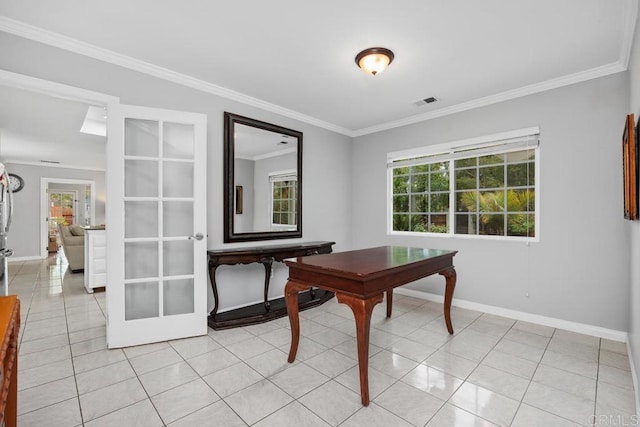 1093 Rancho Santa Fe Rd, Encinitas, CA 92024 - office area featuring crown molding, baseboards, and light tile patterned floors