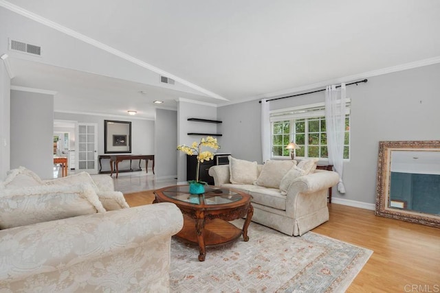 1093 Rancho Santa Fe Rd, Encinitas, CA 92024 - living room with lofted ceiling, crown molding, baseboards, and light wood-style flooring