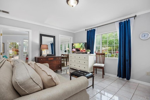 1093 Rancho Santa Fe Rd, Encinitas, CA 92024 - bedroom featuring multiple windows, baseboards, ornamental molding, and light tile patterned floors