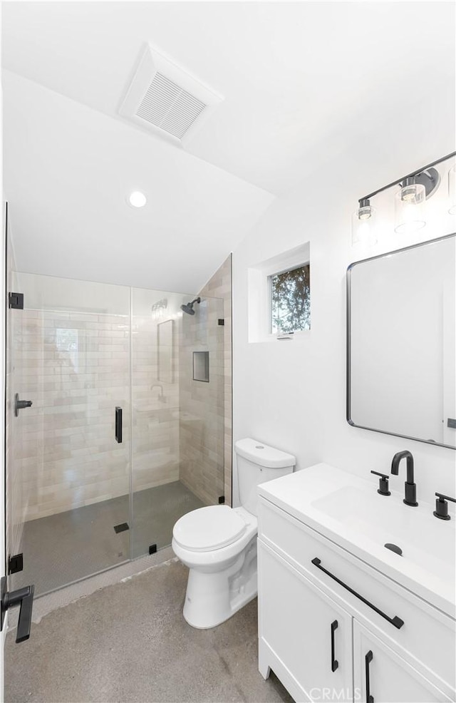 17435 Lassen St, Northridge, CA 91325 - full bath with vanity, toilet, a stall shower, vaulted ceiling, and recessed lighting