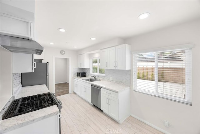 17435 Lassen St, Northridge, CA 91325 - kitchen with stainless steel appliances, ventilation hood, a sink, backsplash, and white cabinetry
