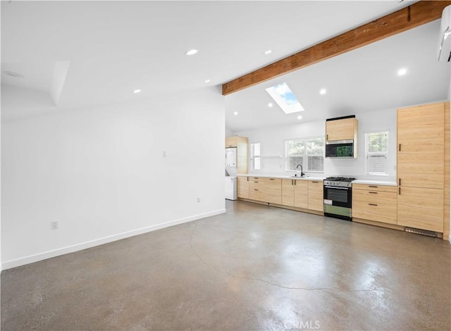 17435 Lassen St, Northridge, CA 91325 - kitchen with appliances with stainless steel finishes, light brown cabinetry, a sink, a skylight, and modern cabinets