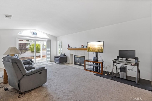 40612 Via Amapola, Murrieta, CA 92562 - carpeted living area featuring vaulted ceiling and a tile fireplace