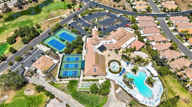 40612 Via Amapola, Murrieta, CA 92562 - aerial view of property and surrounding area featuring a pool, a nearby body of water, nearby suburban area, and a local golf course