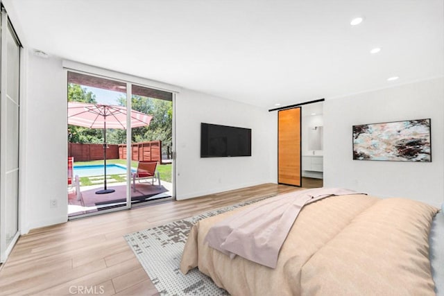 11230 Dilling St, Studio City, CA 91602 - bedroom featuring access to outside, light wood-style flooring, recessed lighting, and connected bathroom