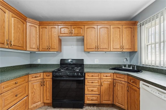820 Carlotta Ct, Redlands, CA 92374 - kitchen with black gas range, white dishwasher, a sink, dark countertops, and light tile patterned flooring