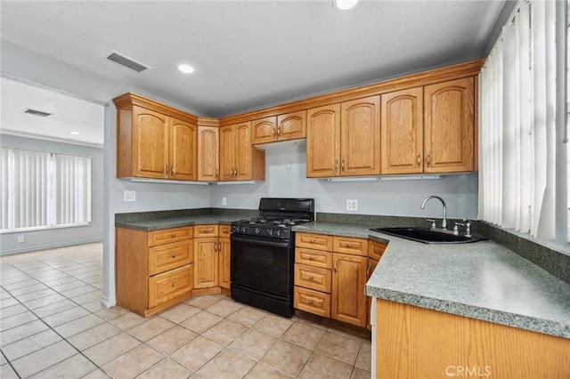 820 Carlotta Ct, Redlands, CA 92374 - kitchen featuring black gas range oven, a sink, light tile patterned flooring, recessed lighting, and brown cabinetry