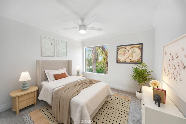 30667 Shore Ridge Dr, Menifee, CA 92584 - bedroom featuring ornamental molding, light carpet, baseboards, and a ceiling fan
