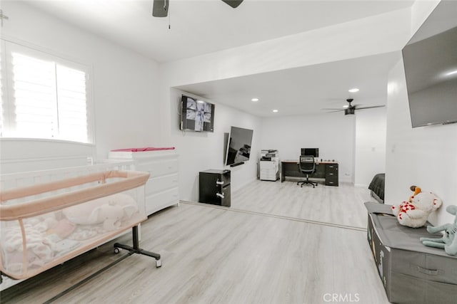 1222 W Kettering St, Lancaster, CA 93534 - home office featuring ceiling fan, wood finished floors, and recessed lighting