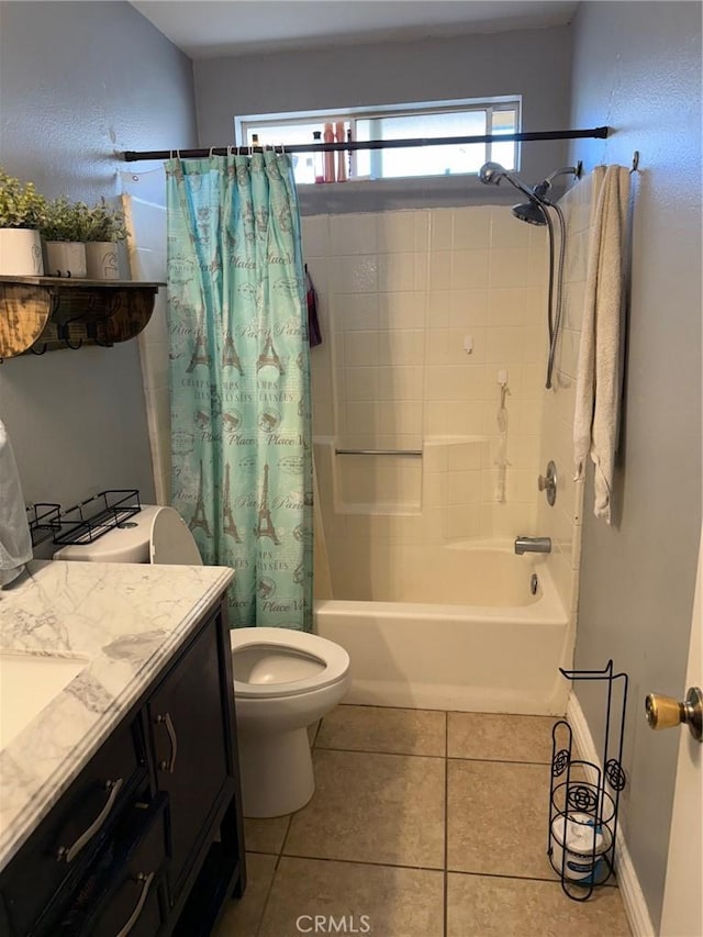 13484 Franceska Rd, Apple Valley, CA 92308 - full bath featuring vanity, shower / tub combo with curtain, tile patterned floors, and toilet
