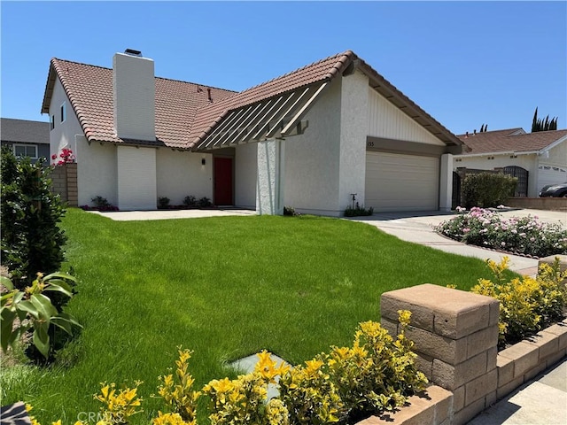 135 Ricci Ave, Walnut, CA 91789 - single story home with a garage, a tiled roof, a front lawn, a chimney, and stucco siding