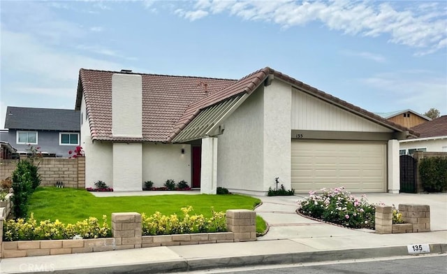 135 Ricci Ave, Walnut, CA 91789 - view of front of house featuring a tile roof, concrete driveway, a chimney, stucco siding, and an attached garage