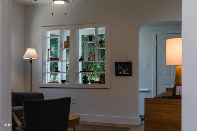 3538 Sierra St, Los Angeles, CA 90031 - living area featuring ceiling fan, healthy amount of natural light, baseboards, and arched walkways