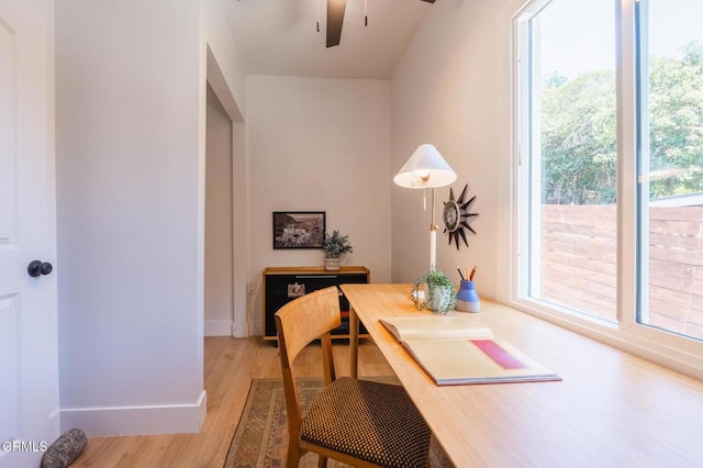 3538 Sierra St, Los Angeles, CA 90031 - home office with light wood-type flooring, a ceiling fan, and baseboards