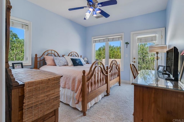4014 Millagra Dr, Fallbrook, CA 92028 - bedroom featuring access to outside, light carpet, baseboards, and a ceiling fan