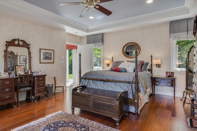 4014 Millagra Dr, Fallbrook, CA 92028 - bedroom with wallpapered walls, wood finished floors, ornamental molding, a tray ceiling, and baseboards