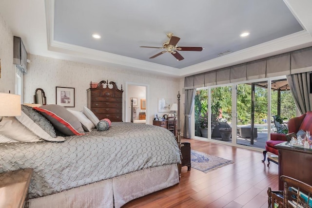 4014 Millagra Dr, Fallbrook, CA 92028 - bedroom featuring access to outside, wood finished floors, a tray ceiling, crown molding, and connected bathroom